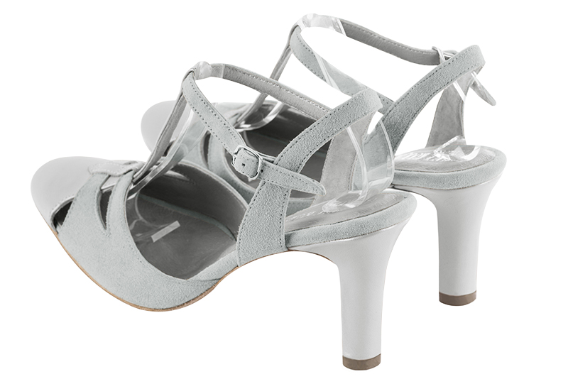 Light silver and pearl grey women's open back T-strap shoes. Round toe. High kitten heels. Rear view - Florence KOOIJMAN